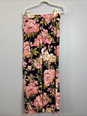 LOFT Black Wide-Leg Pants with Pink Floral Print